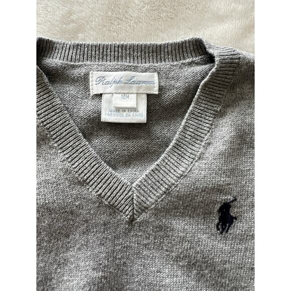 Ralph Lauren Baby Boy Size 12M Gray V-Neck Sweater Elbow Patch 100% Cotton - Picture 4 of 12